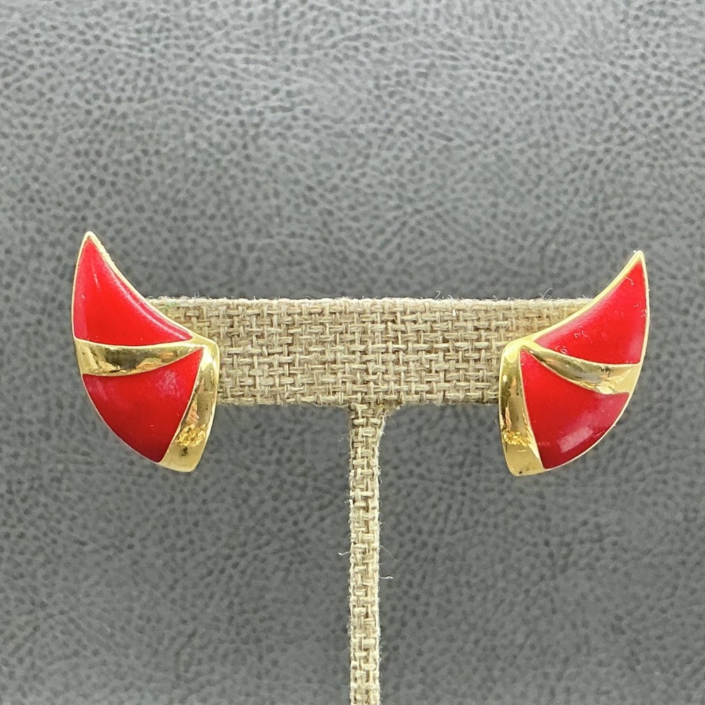 Vintage Monet Earrings Red Enamel Teardrop Stud Womens Gold Tone Jewelry 1.25"